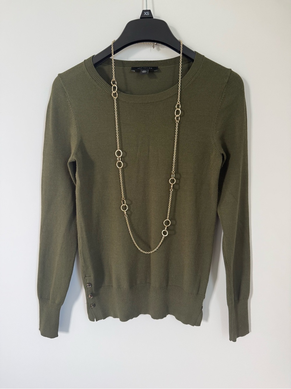 Ann Taylor Olive Green Crewneck Sweater with Button Hem